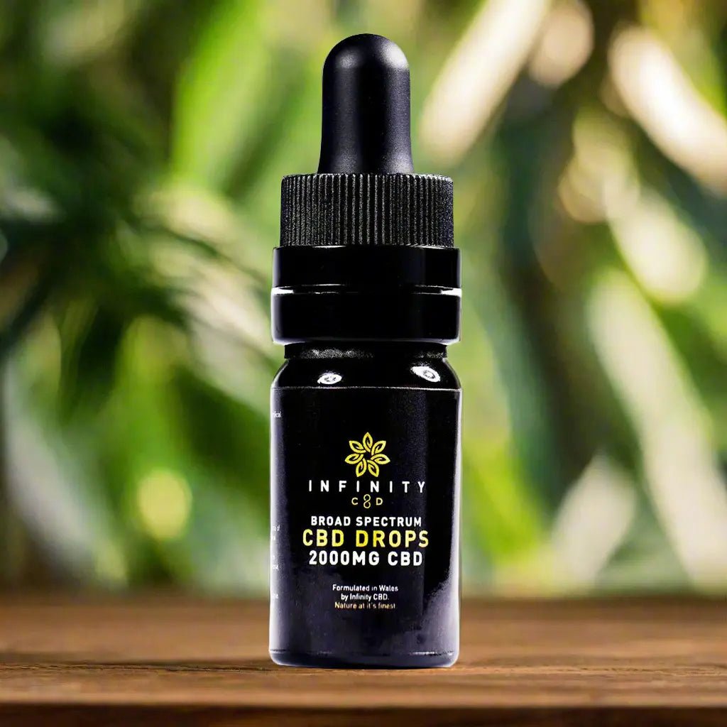 Front view of 2000mg CBD oil bottle with dropper showing organic Broad-spectrum formula
